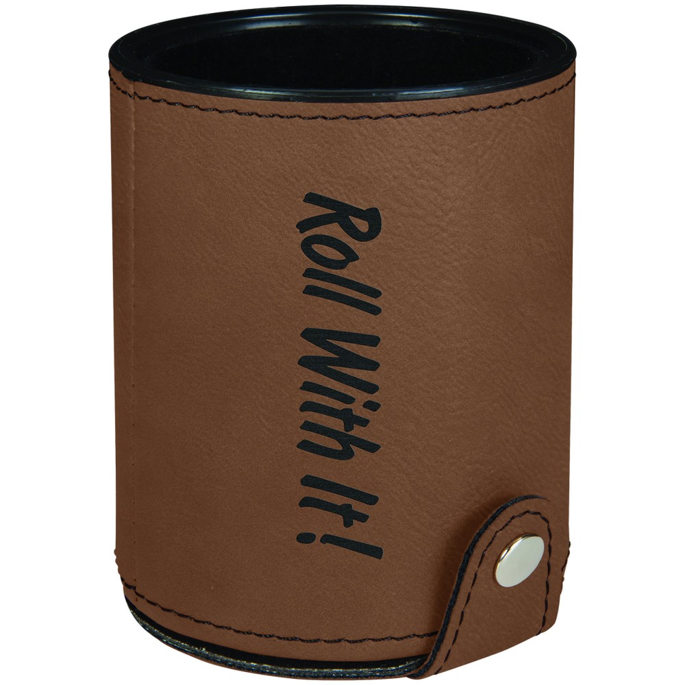 Custom Imprinted Dark Brown Leatherette Dice Cup w/ 5 Dice Custom Imprinted Dark Brown Leatherette Dice Cup w/ 5 Dice