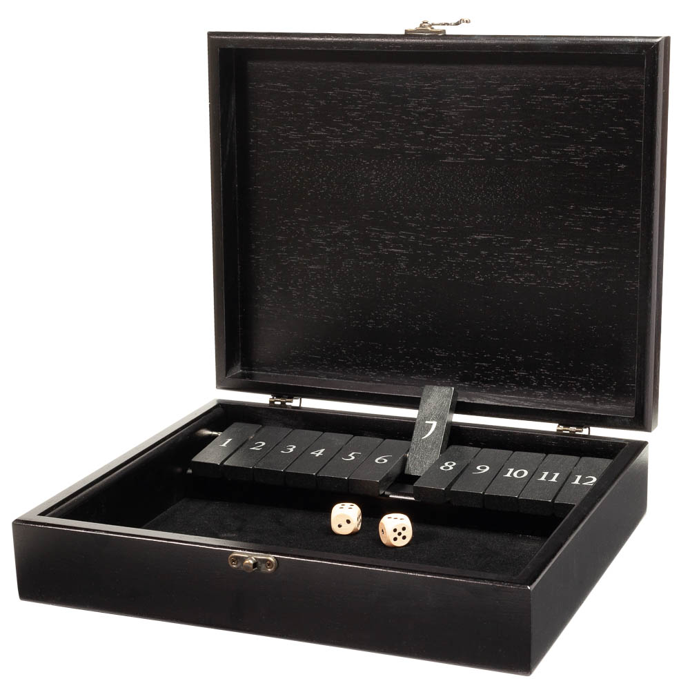 Personalized Shut the Box Game w/ 12 Numbers in Old World Styled Box - Black Stain Personalized Shut the Box Game w/ 12 Numbers in Old World Styled Box - Black Stain