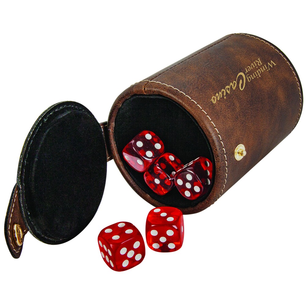 Custom Printed Rustic/Gold Leatherette Dice Cup w/ 5 Dice Custom Printed Rustic/Gold Leatherette Dice Cup w/ 5 Dice