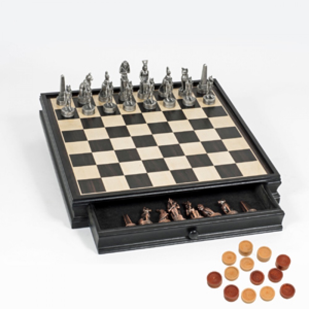 Logo Branded Egyptian Chess & Checker Set w/ Pewter Chessmen & Storage Logo Branded Egyptian Chess & Checker Set w/ Pewter Chessmen & Storage