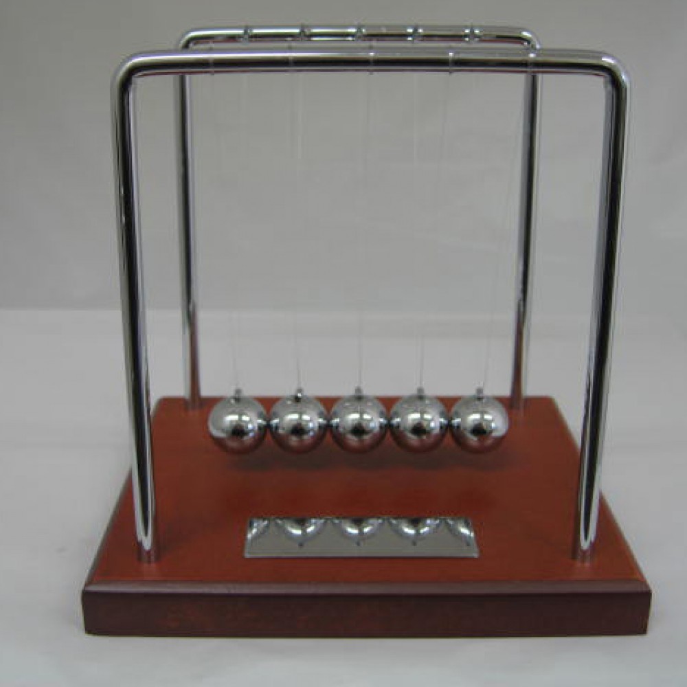 Logo Branded Newton's Cradle with Brown Wood Base and Silver Plate