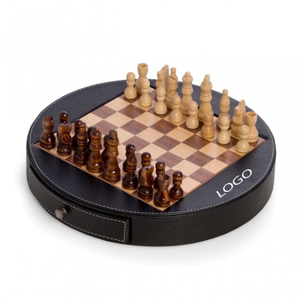 Deluxe Chess Set in Wood with Black Leather Wrapped Around the inlaid Playing Board with Drawer for with Logo