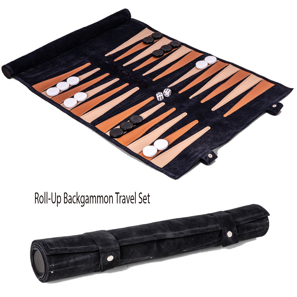 Suede Roll-Up Backgammon Travel Set with Logo