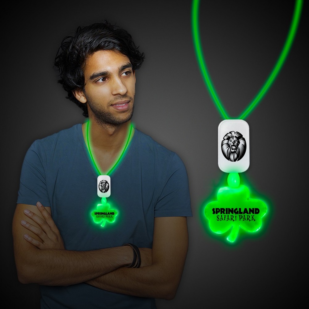 Green Pad Printed LED Shamrock Necklace w/Extra Large Pendant with Logo