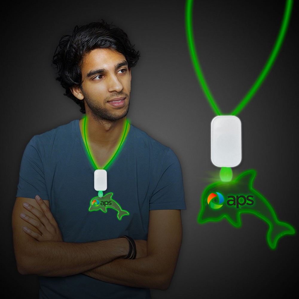 Green Clear Plastic Digi-Printed Necklace w/Dolphin Medallion with Logo