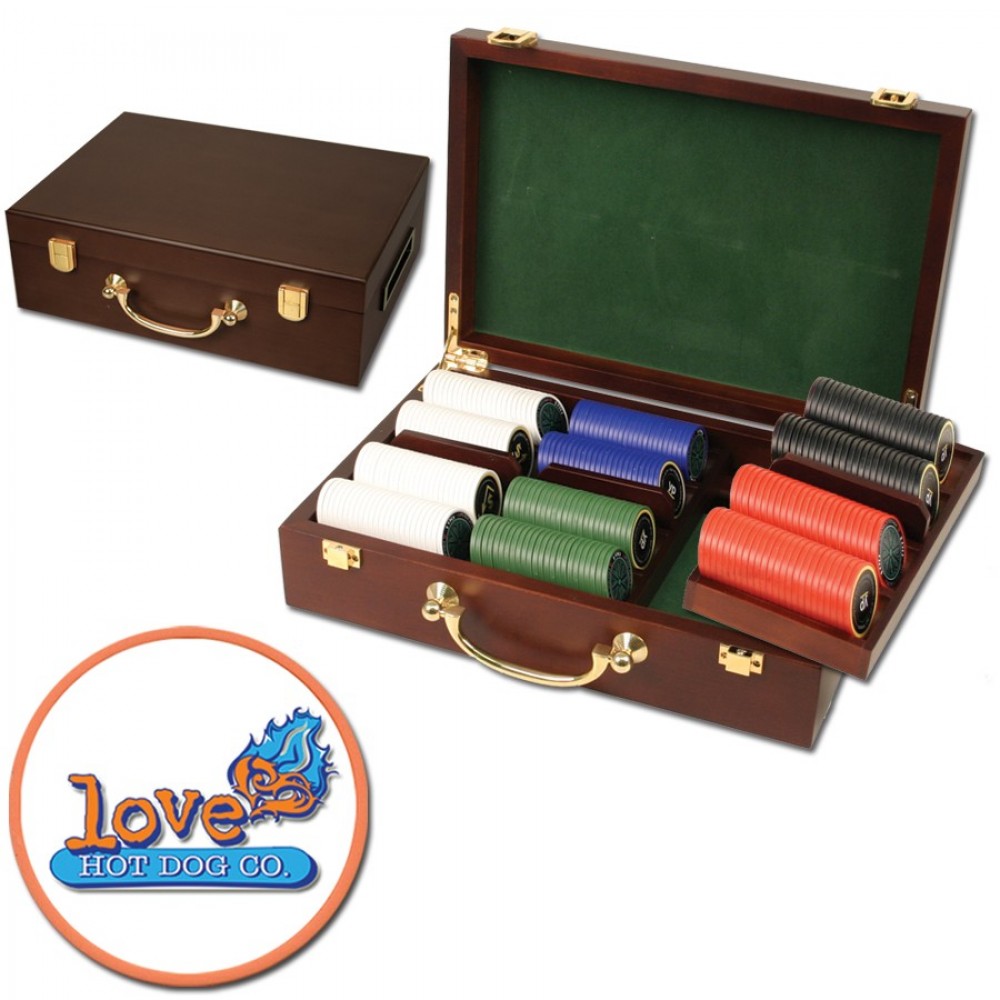 Custom Imprinted Poker chips set with Oak wood case - 300 Full Color chips Custom Imprinted Poker chips set with Oak wood case - 300 Full Color chips