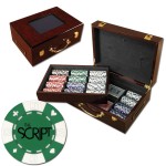Custom Printed 500 Foil Stamped poker chips in glossy wooden case - Card design