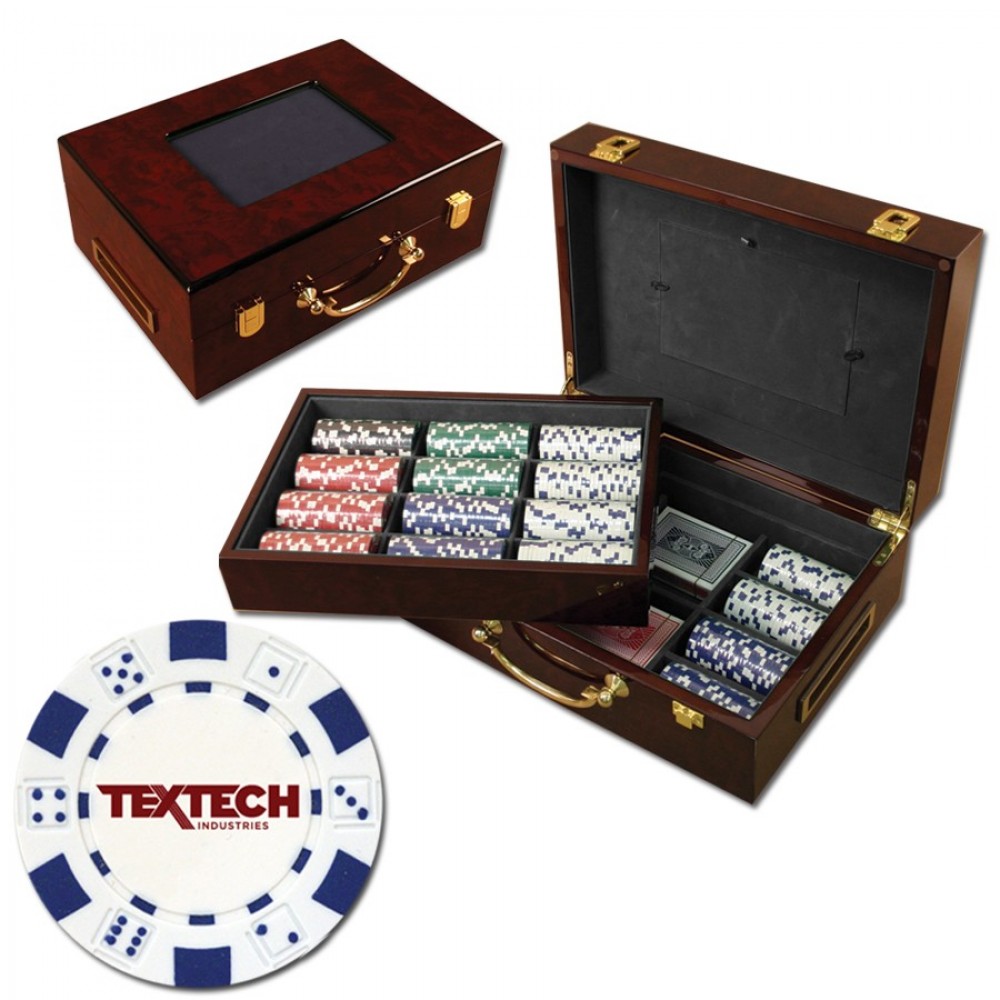Custom Printed 500 Foil Stamped poker chips in glossy wooden case - Dice design Custom Printed 500 Foil Stamped poker chips in glossy wooden case - Dice design