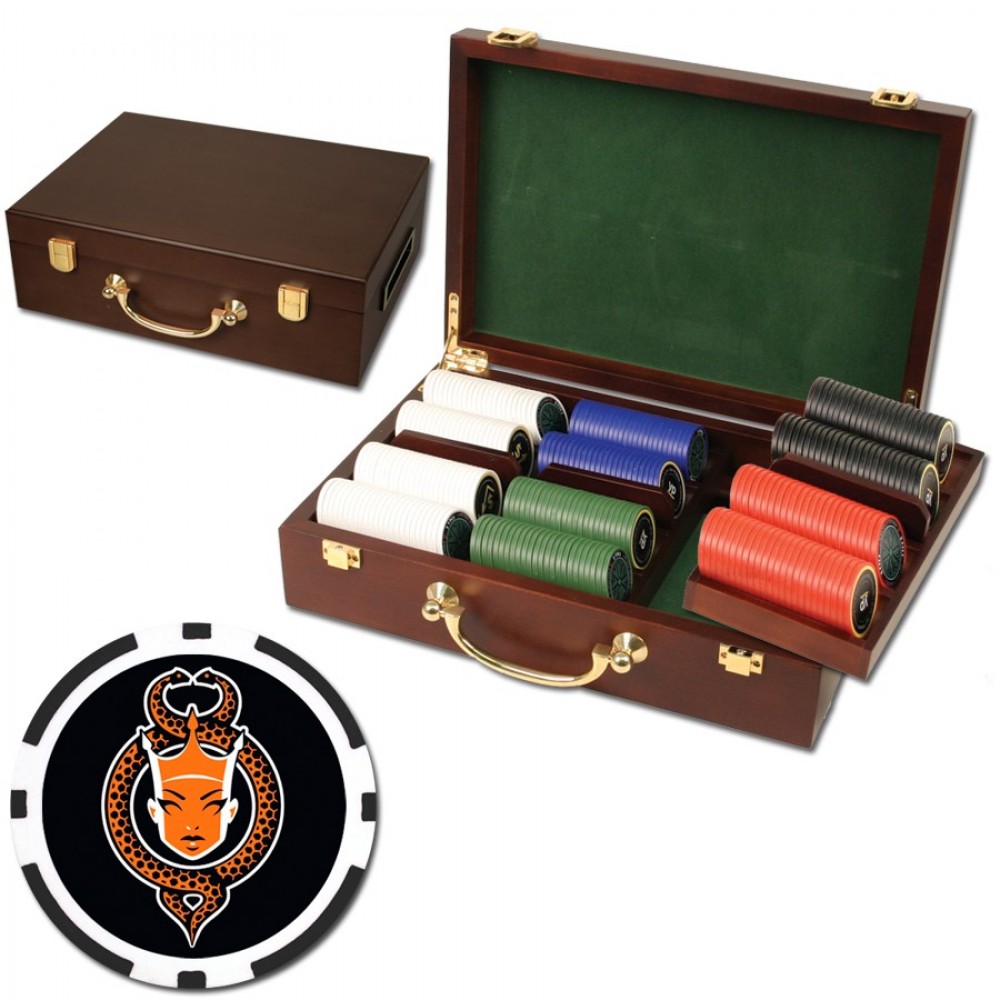 Poker chips set with Oak wood case - 300 Full Color 8 Stripe chips Custom Imprinted Poker chips set with Oak wood case - 300 Full Color 8 Stripe chips Custom Imprinted