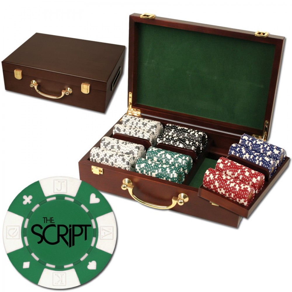 300 Foil Stamped poker chips in Oak wood case - Card design Logo Printed 300 Foil Stamped poker chips in Oak wood case - Card design Logo Printed