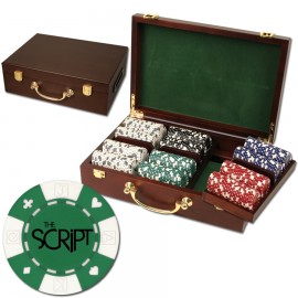 300 Foil Stamped poker chips in Oak wood case - Card design Logo Printed