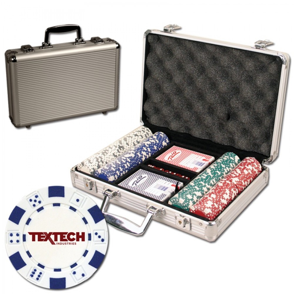 Poker chips set with aluminum chip case - 200 Dice chips with Logo