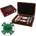 Promotional 200 Foil Stamped poker chips in glossy wooden case - Card design