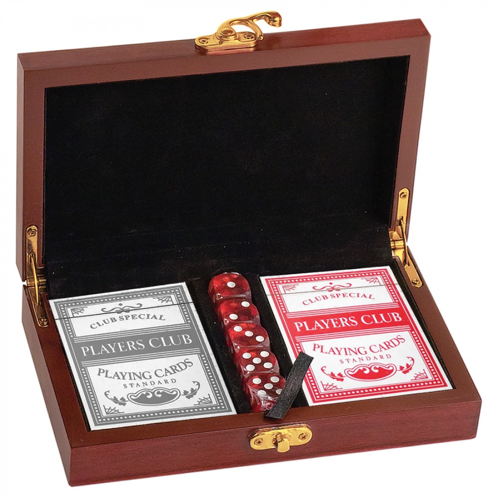 Logo Branded Poker Card and Dice Gift Set, Rosewood Finish, 7 1/2"(L) x 1 5/8"(H) x 4 1/2"(W)