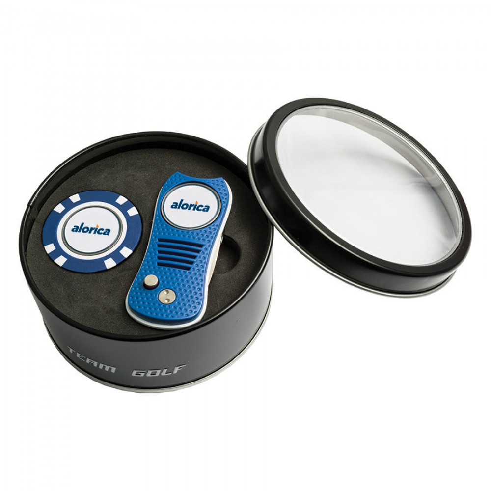 Logo Branded Team Golf Switchblade Tin with Poker Chip Ball Marker Logo Branded Team Golf Switchblade Tin with Poker Chip Ball Marker