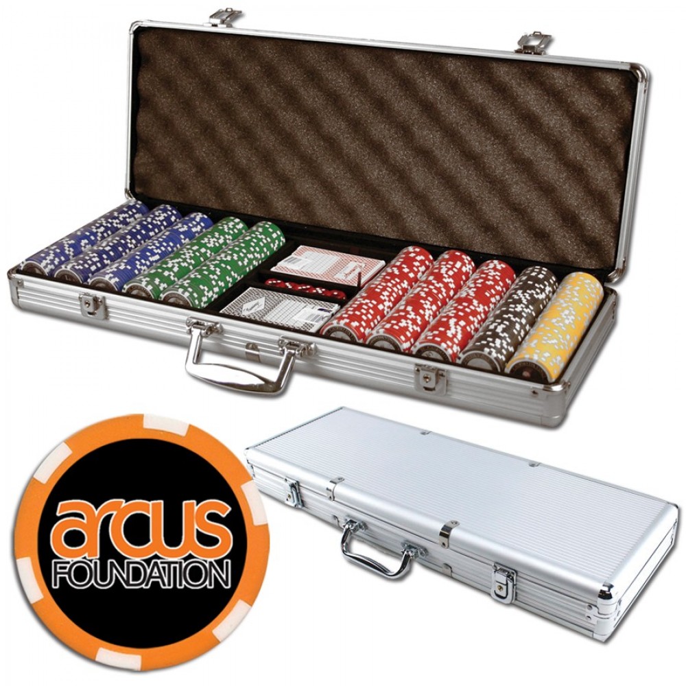 Poker chips set with aluminum chip case - 500 Full Color 6 Stripe chips with Logo