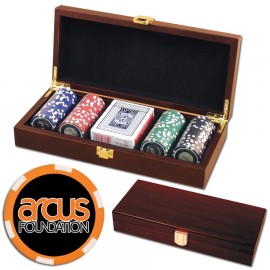 Poker chips set with Mahogany wood case - 100 Full Color 6 Stripe chips with Logo