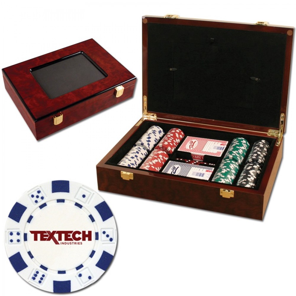 200 Foil Stamped poker chips in glossy wooden case - Dice design with Logo