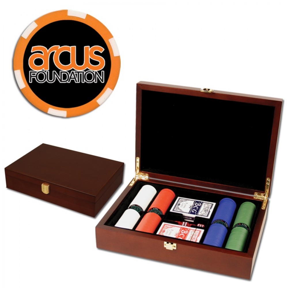 Poker chips set with Mahogany wood case - 200 Full Color 6 Stripe chips with Logo