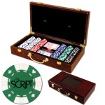 Promotional 300 Foil Stamped poker chips in glossy wooden case - Card design