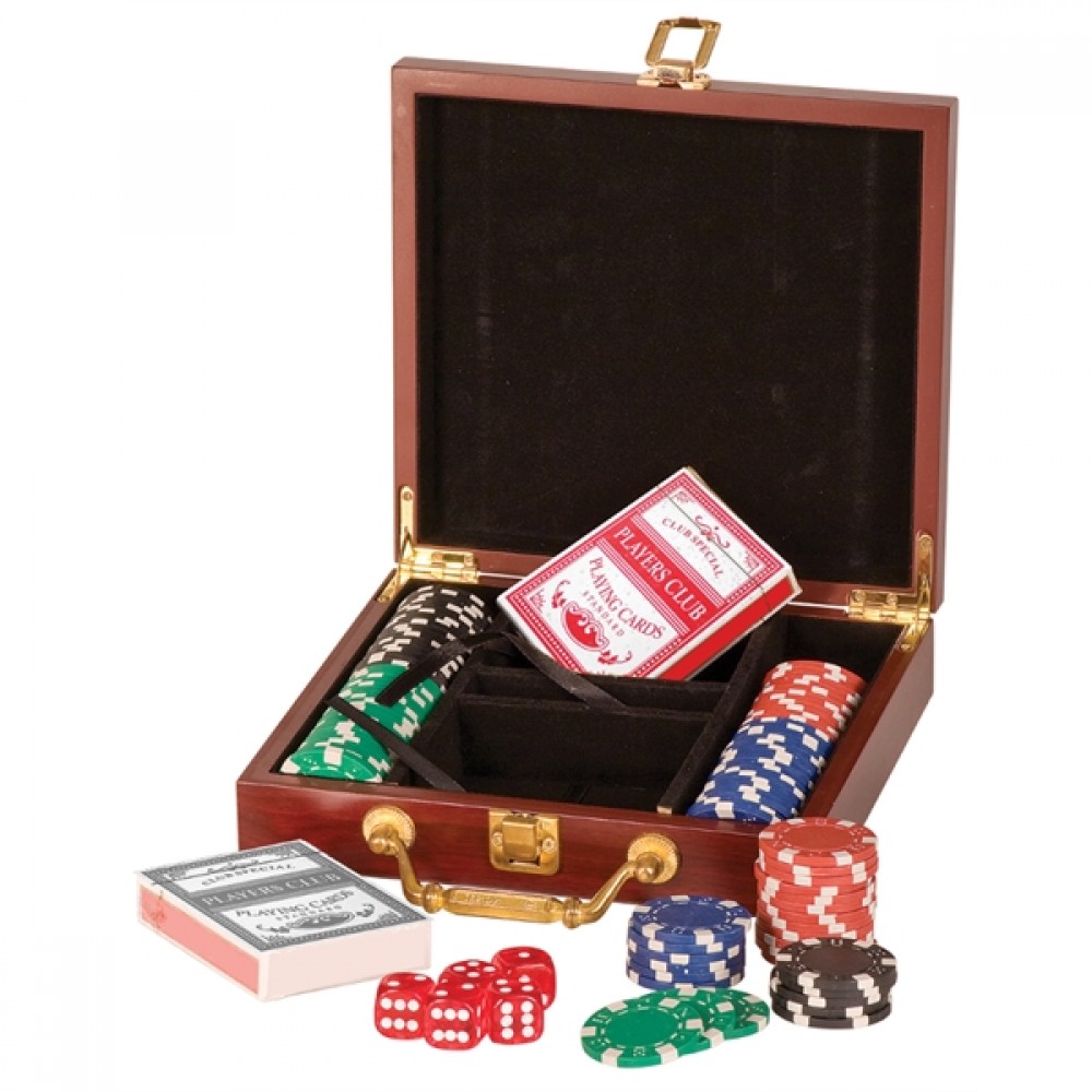 100 Chip Poker Set w/Rosewood Finish with Logo