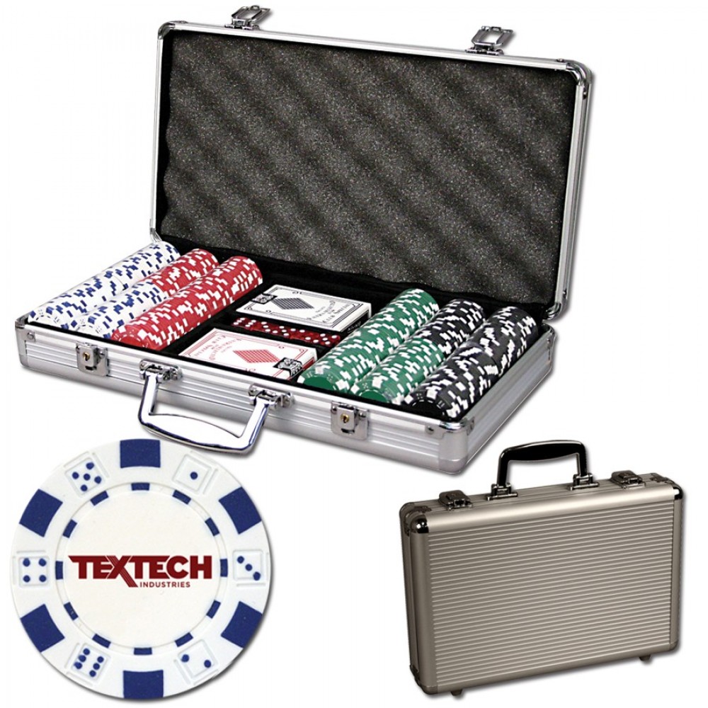 Poker chips set with aluminum chip case - 300 Dice chips with Logo