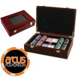 Customized Poker chips set with Glossy wood case - 200 Full Color 6 Stripe chips