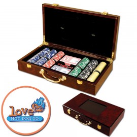 Logo Branded Poker chips set with Glossy wood case - 300 Full Color chips