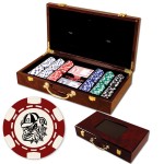 300 Foil Stamped poker chips in glossy wooden case - 6 Stripe design with Logo