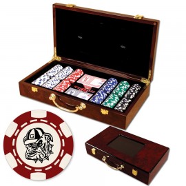 300 Foil Stamped poker chips in glossy wooden case - 6 Stripe design with Logo  300 Foil Stamped poker chips in glossy wooden case - 6 Stripe design with Logo