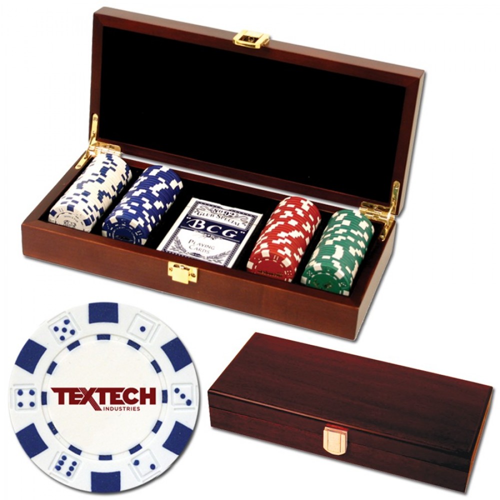 Custom 100 Foil Stamped poker chips in wooden Mahogany case - Dice design