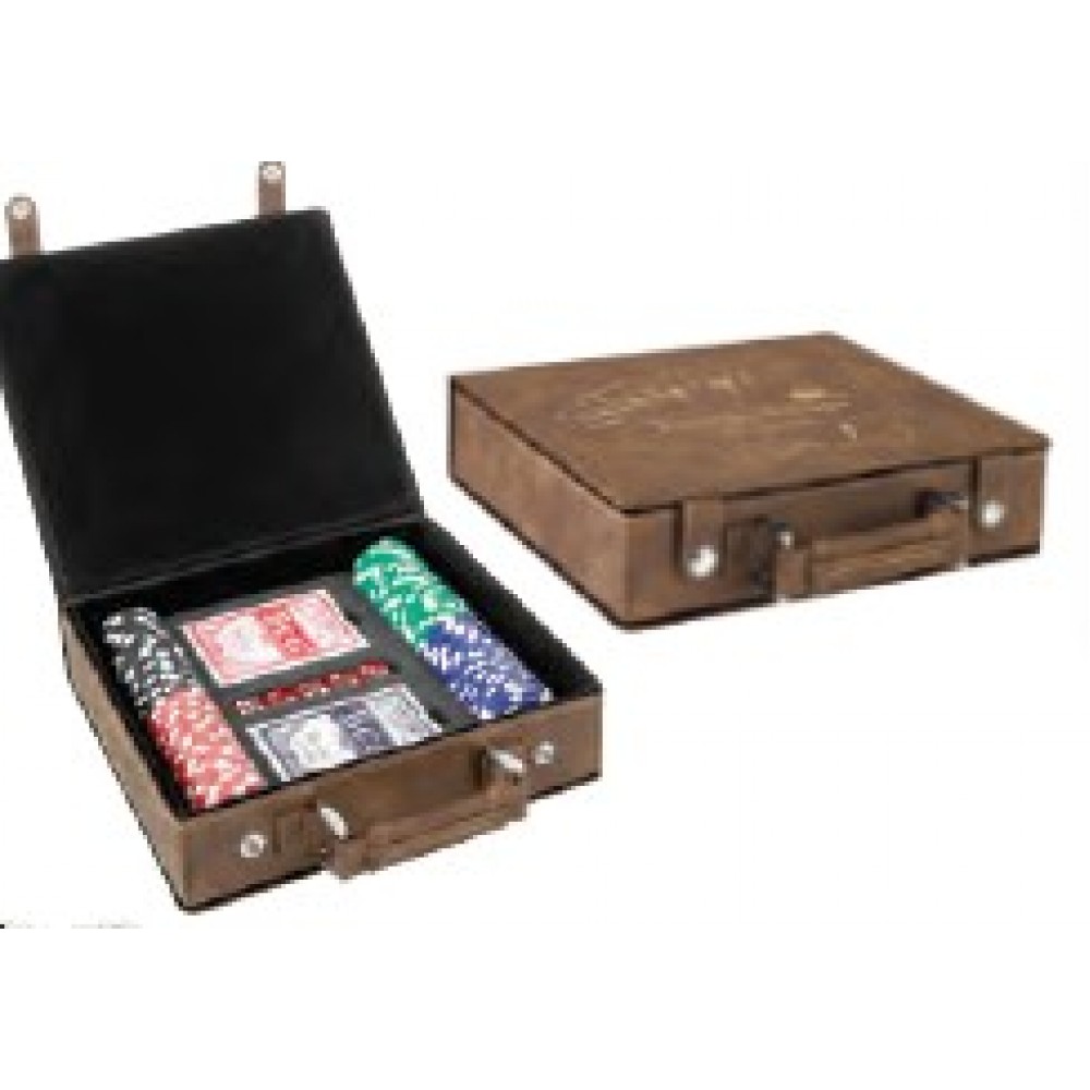 100 Piece Poker Chip Set, Rustic Faux Leather Box with Logo