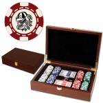 Custom 200 Foil Stamped poker chips in wooden Mahogany case - 6 Stripe design