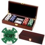 100 Foil Stamped poker chips in wooden Mahogany case - Card design with Logo