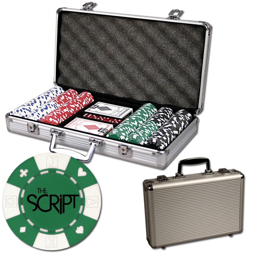 Poker chips set with aluminum chip case - 300 Card chips with Logo Poker chips set with aluminum chip case - 300 Card chips with Logo