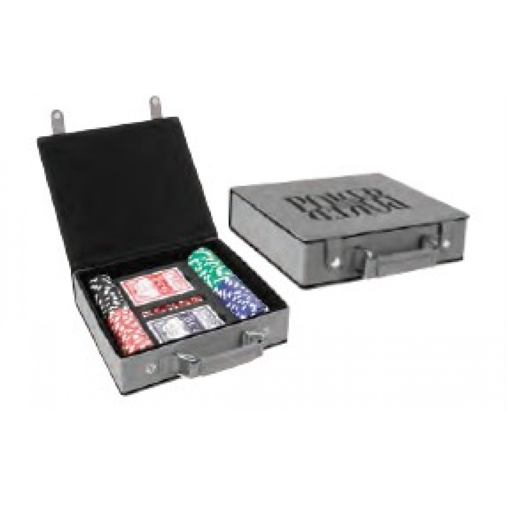100 Piece Poker Chip Set, Gray Faux Leather Box with Logo