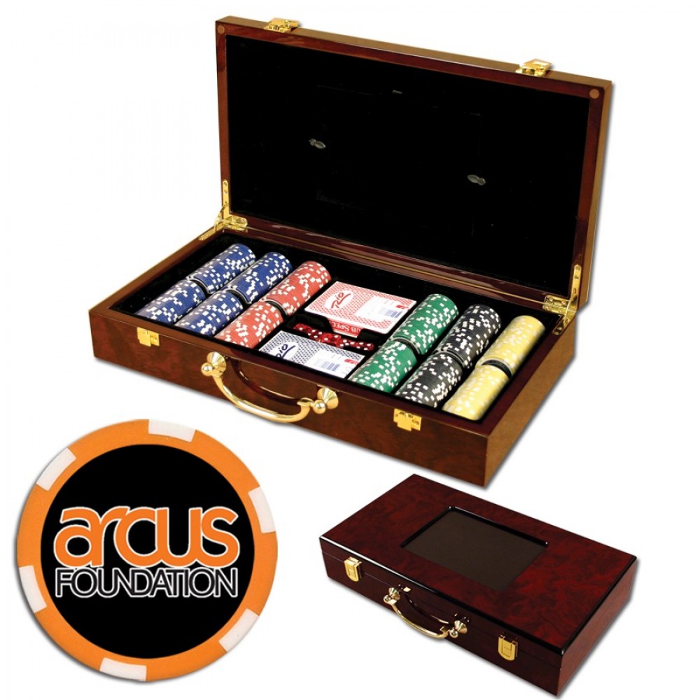 Poker chips set with Glossy wood case - 300 Full Color 6 Stripe chips with Logo