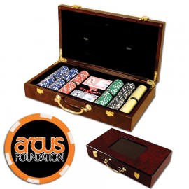Poker chips set with Glossy wood case - 300 Full Color 6 Stripe chips with Logo  Poker chips set with Glossy wood case - 300 Full Color 6 Stripe chips with Logo
