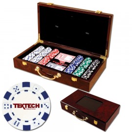 300 Foil Stamped poker chips in glossy wooden case - Dice design with Logo