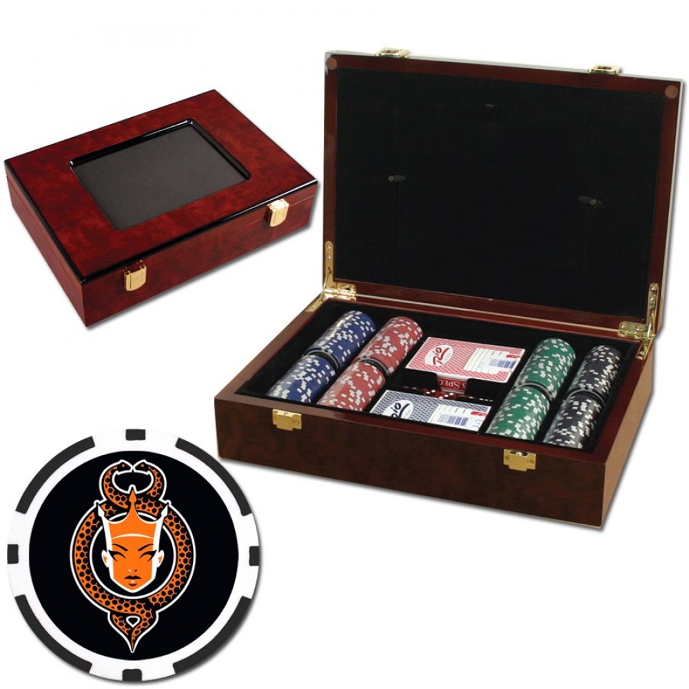 Promotional Poker chips set with Glossy wood case - 200 Full Color 8 Stripe chips