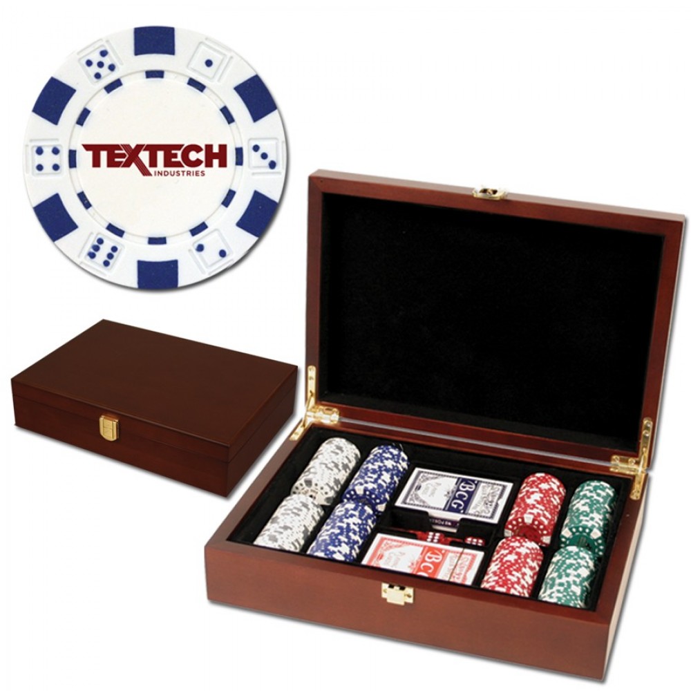 200 Foil Stamped poker chips in wooden Mahogany case - Dice design with Logo