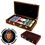 Poker chips set with Glossy wood case - 300 Full Color 8 Stripe chips with Logo