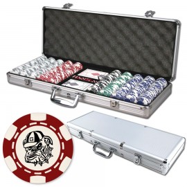 Poker chips set with aluminum chip case - 500 6 Stripe chips with Logo  Poker chips set with aluminum chip case - 500 6 Stripe chips with Logo
