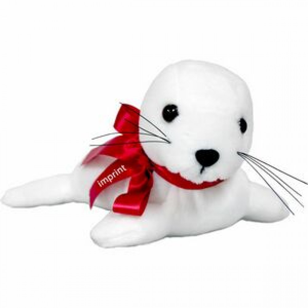 Custom 9" White Seal Stuffed Animal w/Ribbon & One Color Imprint