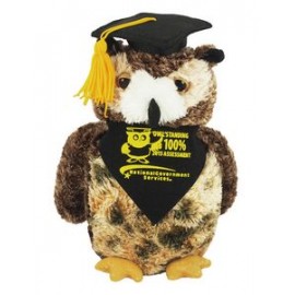 Promotional 8" Osmond Owl Stuffed Animal w/Graduation Cap, Bandana & One Color Imprint