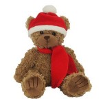 8" Brown Curly Bear Stuffed Animal w/Red Winter Hat & Scarf with Logo
