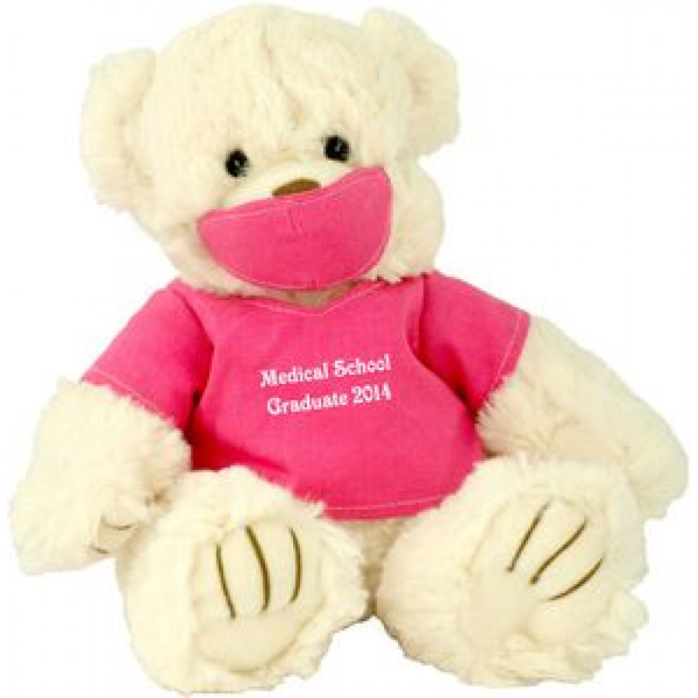 9" Pink Scrubs Bear with One Color Imprint with Logo