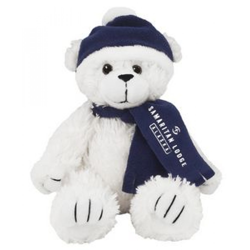 Personalized 8" White Curly Bear Stuffed Animal w/Navy Winter Hat & Scarf & One Color Imprint