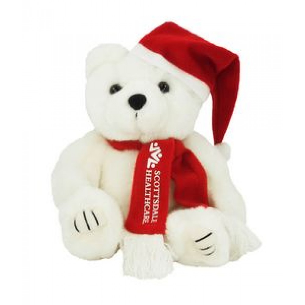 Promotional 8" Santa Bear Stuffed Animal w/Hat, Scarf & One Color Imprint