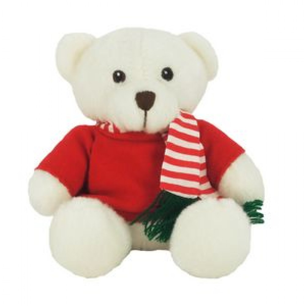 6" White Sugar Bear with Red Shirt & Striped Scarf Custom Imprinted 6" White Sugar Bear with Red Shirt & Striped Scarf Custom Imprinted
